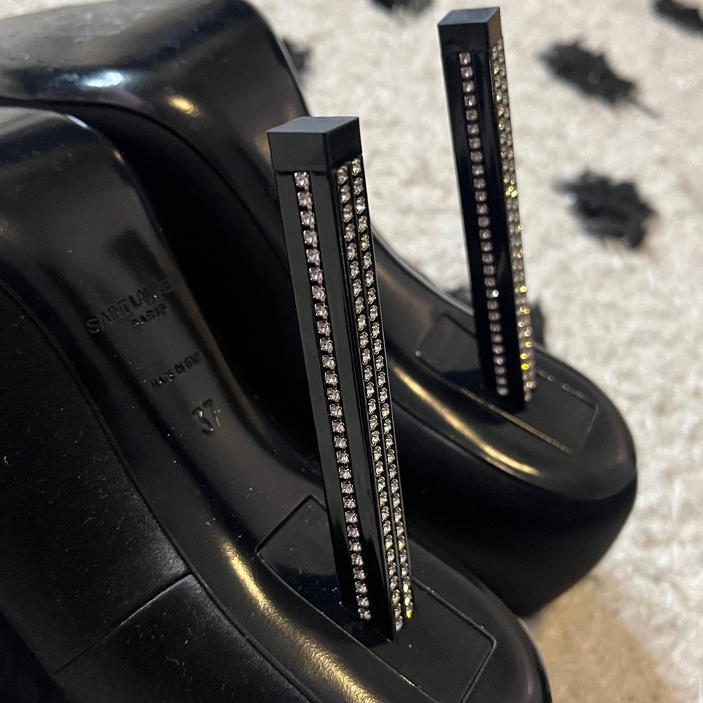 Saint Laurent size 37 silk black crystal embellished heels - Picture 11 of 13